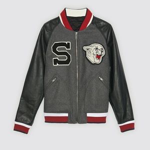 Sandro Gray Wool Black Leather Sleeves cougar varsity jacket coat Medium